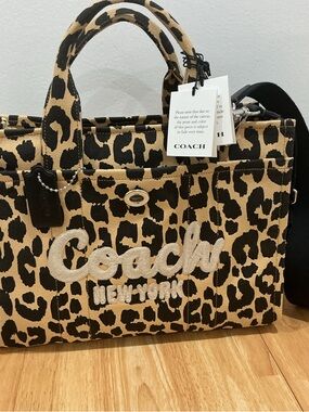 Coach Leopard Canvas Tote Bag 26 in Tan and Black with Embroidered Logo